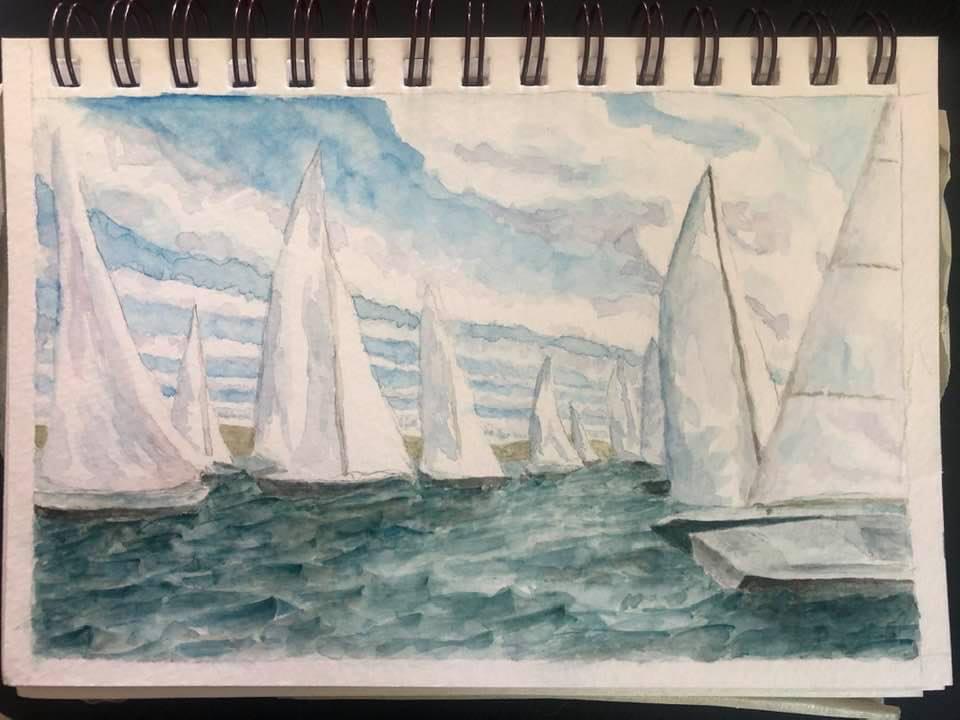 "Racing Day," expressionistic watercolor painting of sailboats racing together on choppy water on a windy day